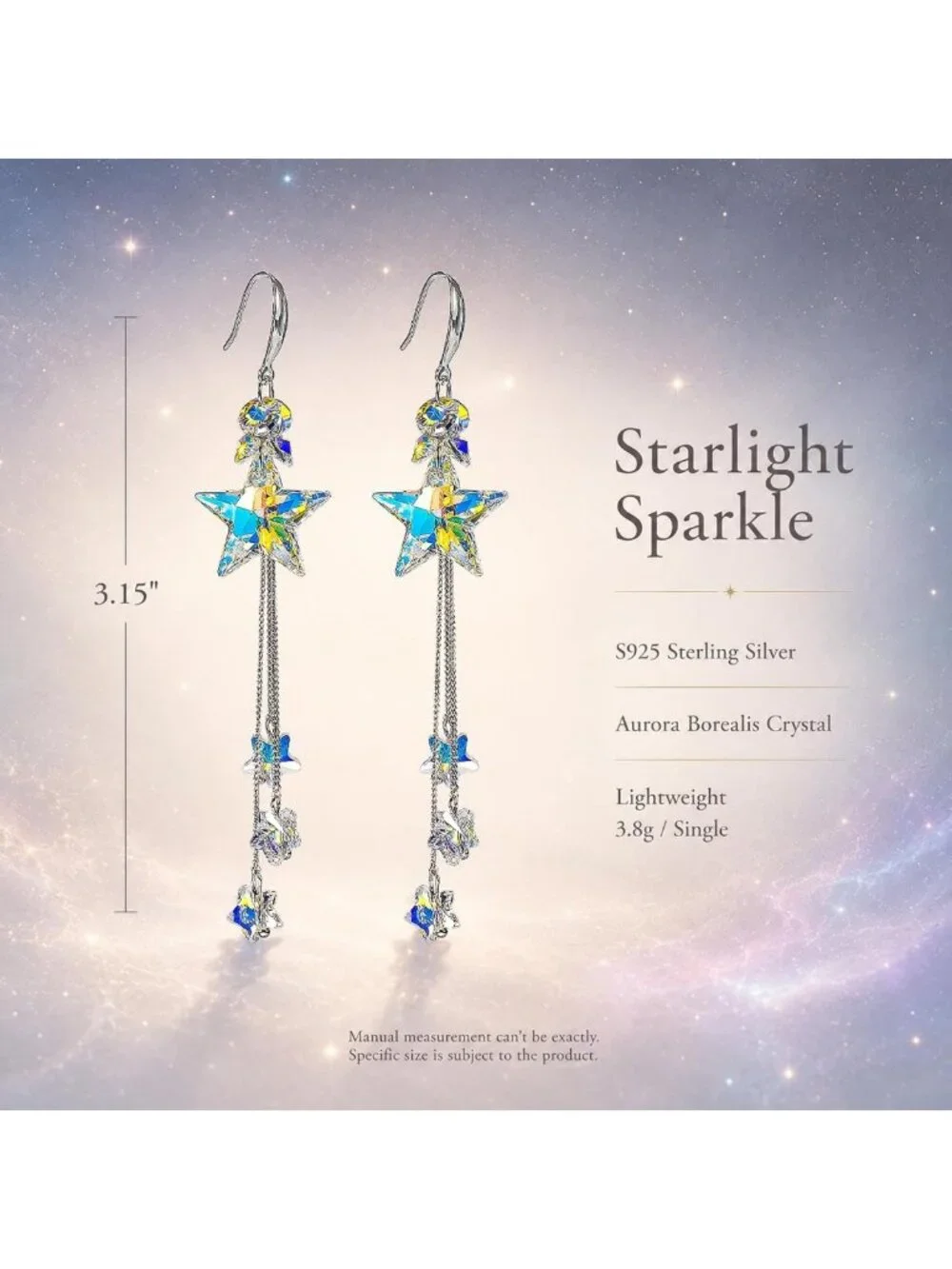 Handmade 925 Sterling Silver Star Drop Earrings with Aurora Borealis Crystals